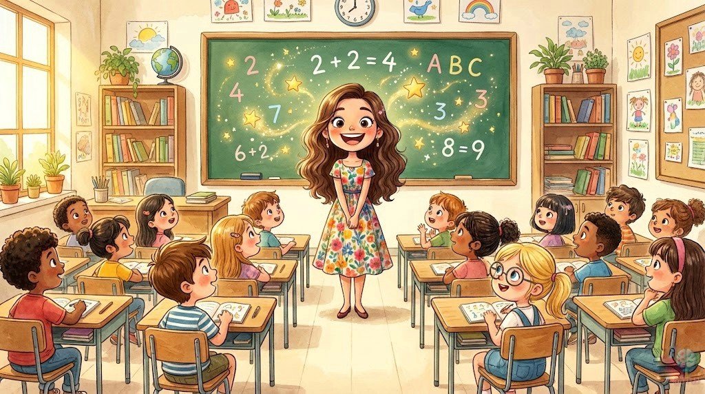La Señorita Luna sonriendo a sus alumnos en el aula del colegio Los Almendros, con números y estrellas brillando en la pizarra.