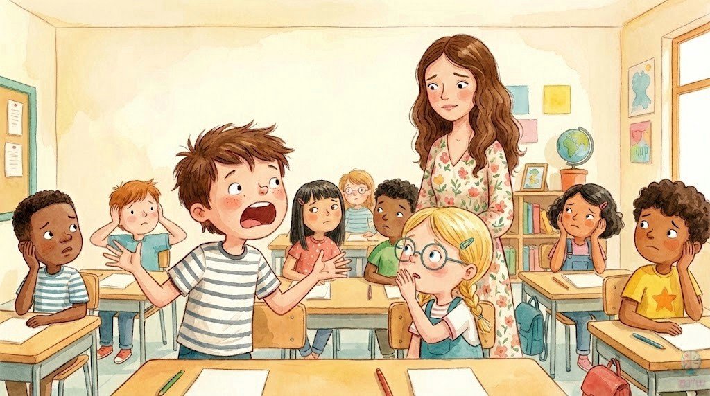 Tomás, con gesto molesto, habla en voz alta en clase mientras los demás compañeros se tapan los oídos o se incomodan; la Señorita Luna, detrás, lo mira con preocupación.