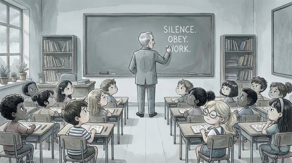 El Señor Piedra, profesor sustituto de aspecto serio y gris, entra en el aula