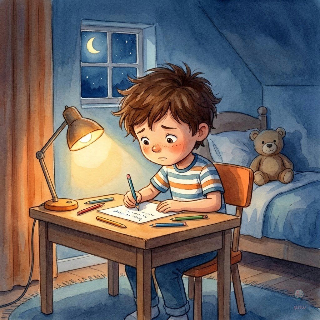 Clara sentada en su escritorio con la lamparita encendida, escribiendo una carta con lápices de colores