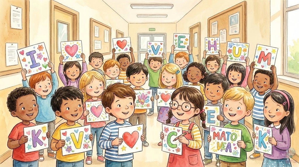 Los veinte niños del aula entregando cartas con dibujos y corazones para la Señorita Luna