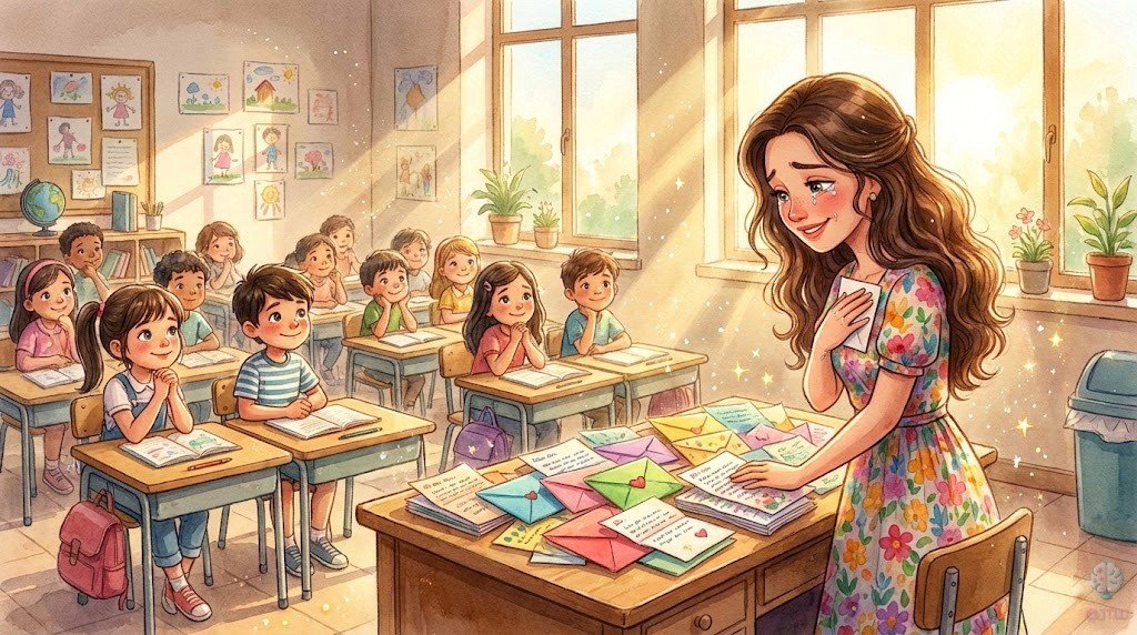 La Señorita Luna ha vuelto al aula, sonriente y emocionada, recibida por los niños
