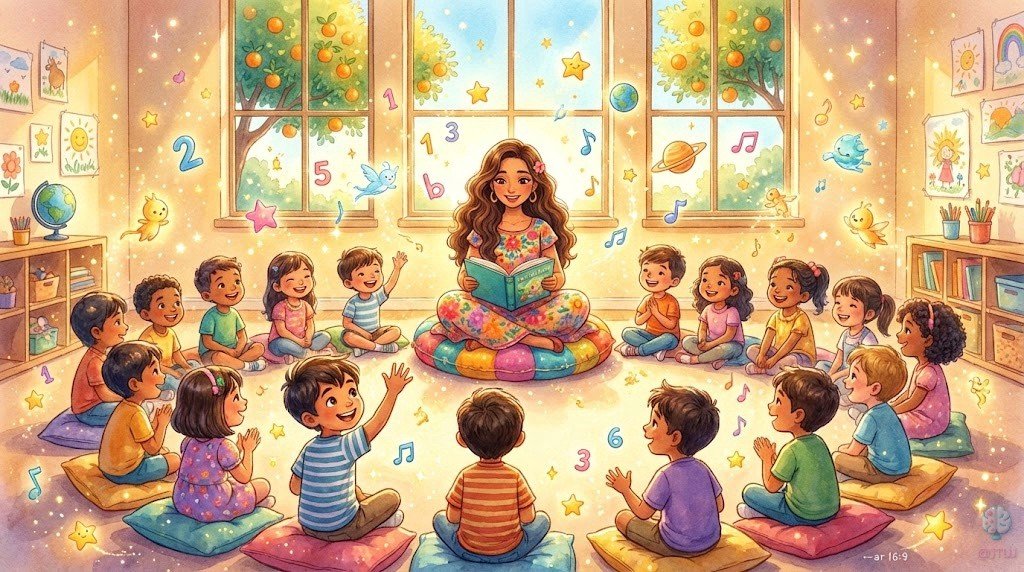 La clase mágica de la Señorita Luna: un aula luminosa donde cada niño se siente querido