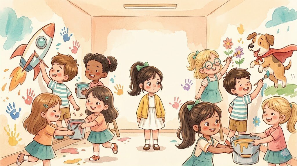 Los niños pintan juntos el mural: Tomás un cohete, Clara flores, Hugo un perro con capa de superhéroe