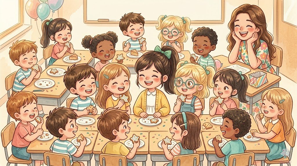Los niños comparten la tarta y las galletas de Martina celebrando juntos el cumpleaños