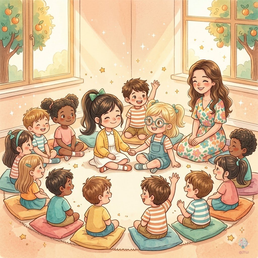 Clara aprieta la mano de Martina mientras la Señorita Luna se dirige a toda la clase