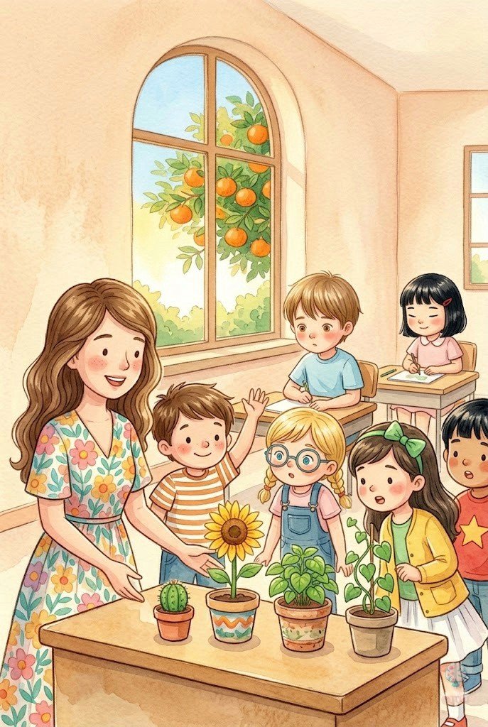La Señorita Luna sobre su mesa con macetas: un cactus, un girasol, albahaca y una enredadera
