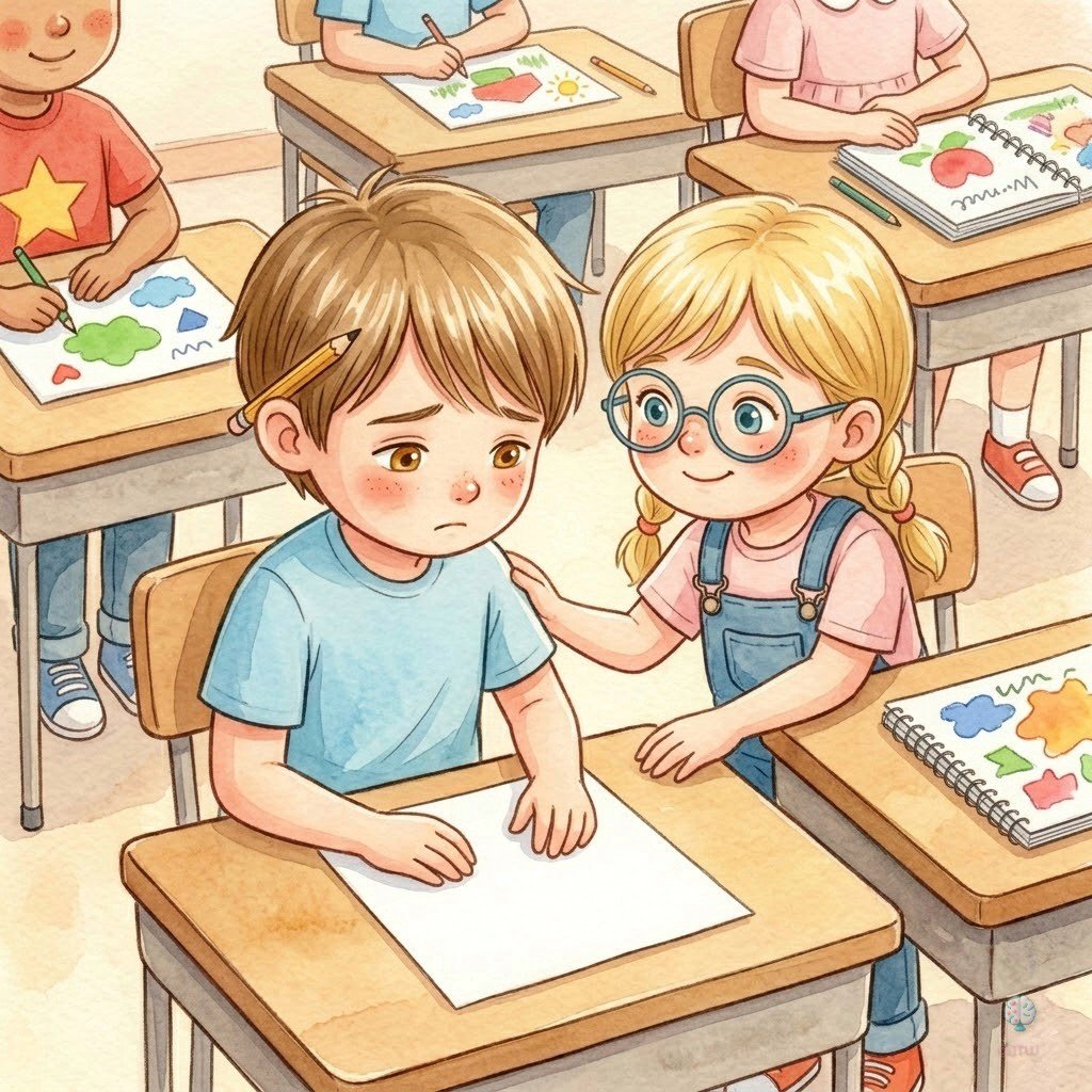 Clara animando a Leo en su pupitre frente a un papel todavía en blanco