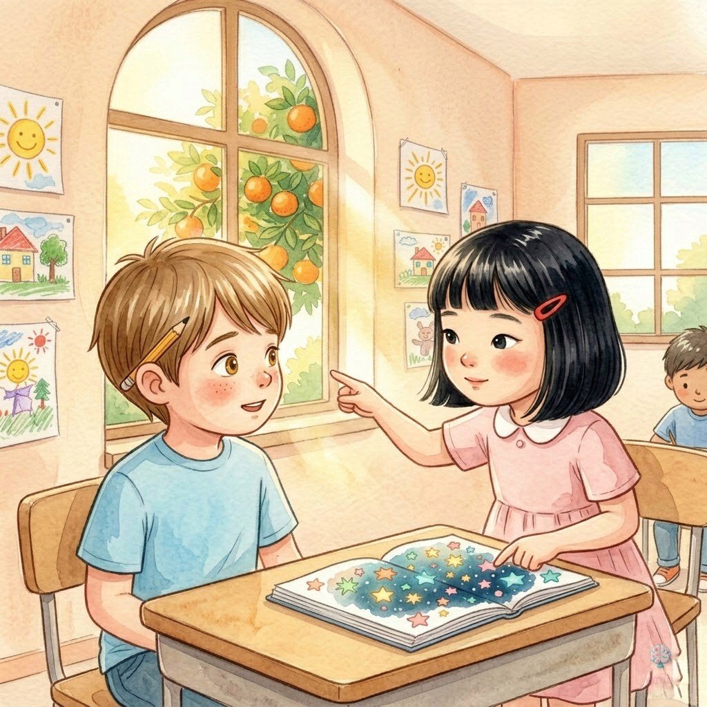 Mei señalando con cariño el dibujo de Leo: un cielo lleno de estrellas diferentes