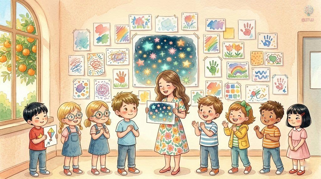 La Señorita Luna mostrando a toda la clase el dibujo de estrellas de Leo