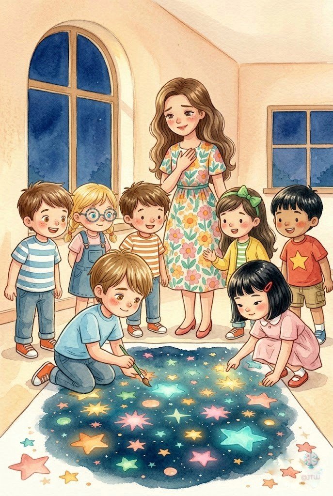 Mei tocando con cariño su estrella en el mural de la clase y mirando a Leo