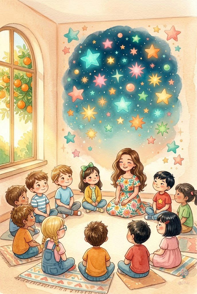 Mural final del aula con un cielo lleno de estrellas, cada una con el nombre de un niño de la clase