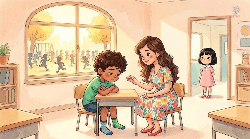 La Señorita Luna sentada al lado de Diego en el aula vacía, escuchándolo con calma