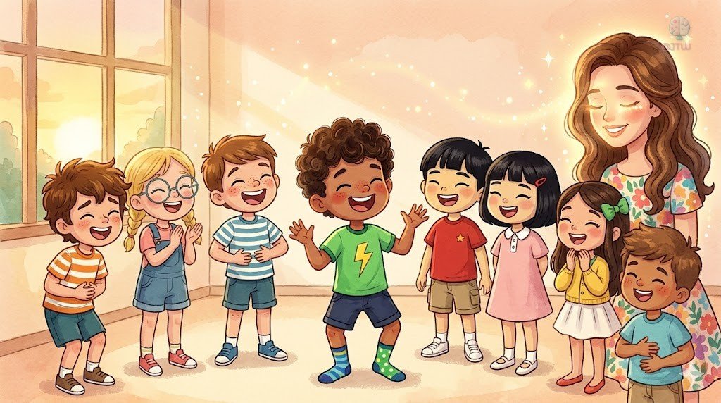 Toda la clase riendo en carcajadas con el nuevo chiste de Diego mientras la Señorita Luna sonríe