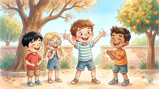Hugo hace reír a sus amigos en el patio del recreo; los niños ríen a carcajadas a su alrededor.