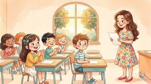 La Señorita Luna entra en clase sonriendo, con un papel en la mano, ante sus alumnos sentados en los pupitres.