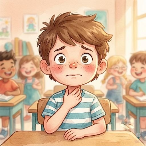 Hugo, preocupado, se lleva la mano a la garganta en su pupitre mientras sus compañeros sonríen al fondo del aula.