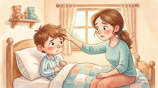 La madre de Hugo le toca la frente mientras él, tumbado en la cama con el edredón, dice que le duele la barriga.
