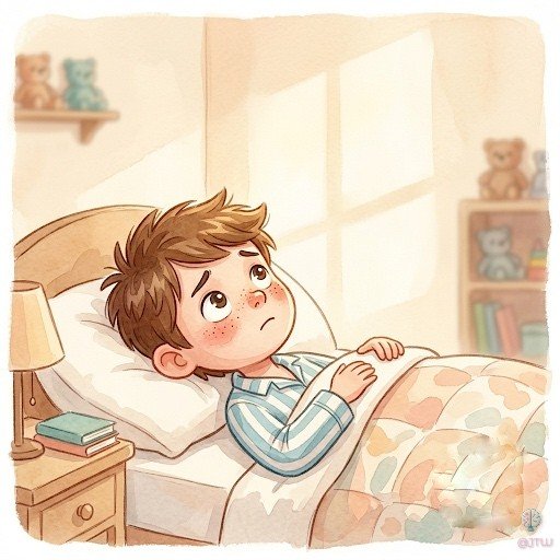 Hugo, solo en su cama, mira el techo con gesto pensativo: no está enfermo, le pesa el miedo.