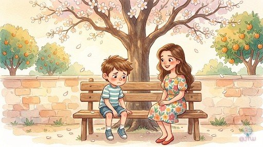 Hugo y la Señorita Luna conversan sentados en el banco de madera, bajo el almendro del patio.