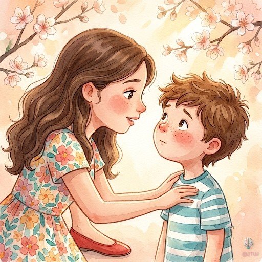 La Señorita Luna, con la mano en el hombro de Hugo, le explica con cariño que ser valiente no es no tener miedo.