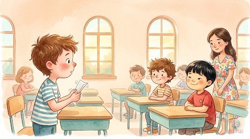 En clase, Hugo de pie sostiene su papel mientras sus compañeros lo animan desde los pupitres.