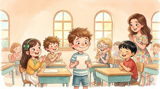 Hugo termina de leer y toda la clase lo aplaude con grandes sonrisas desde los pupitres.