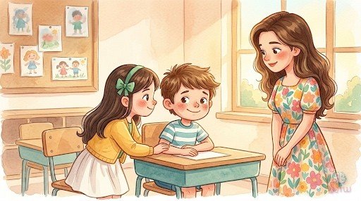Martina y la Señorita Luna felicitan a Hugo en su pupitre por haber sido valiente.