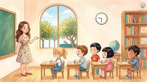 La Señorita Luna, junto a la pizarra, presenta la clase mientras los niños atienden desde sus pupitres.