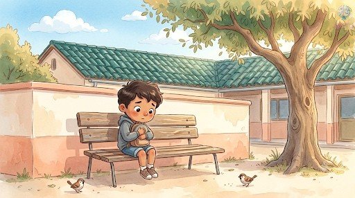 Samuel, cabizbajo, sentado solo en el banco del patio bajo el almendro, abrazando su mochila.