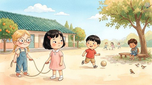 Clara y Mei juegan a la comba y Wei corre tras su pelota, mientras Samuel sigue solo en el banco al fondo.