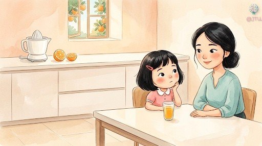 Mei, pensativa en la mesa de la cocina con un vaso de zumo, junto a su madre, que la mira con cariño.
