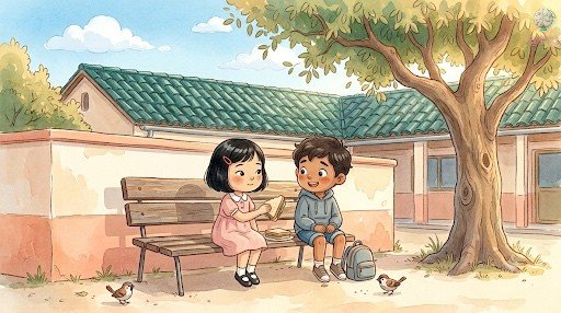 Mei y Samuel comparten el bocadillo sentados juntos en el banco bajo el almendro, sonriendo.
