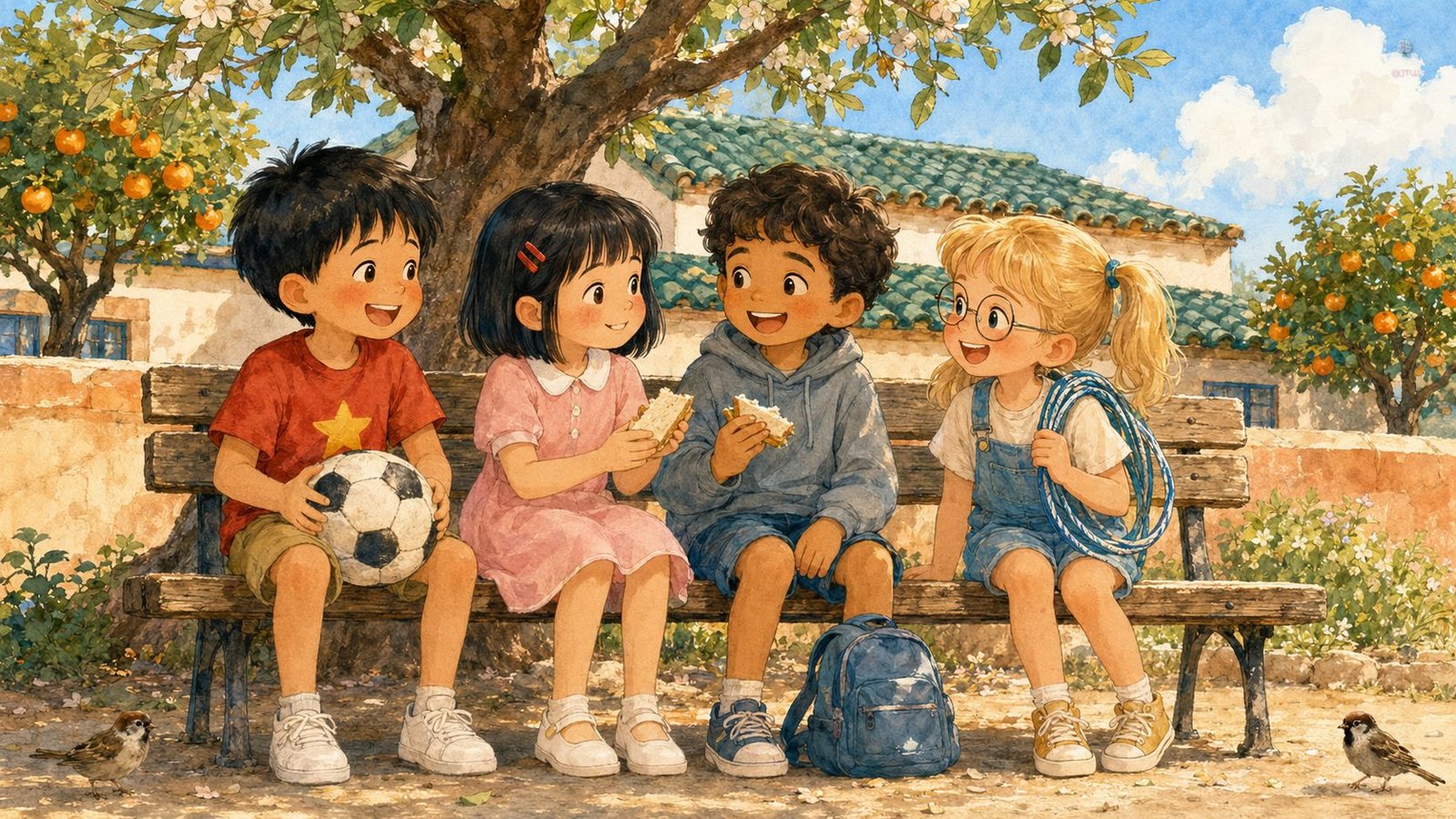 Wei, Mei, Samuel y Clara comparten risas y bocadillos sentados en el banco del patio.