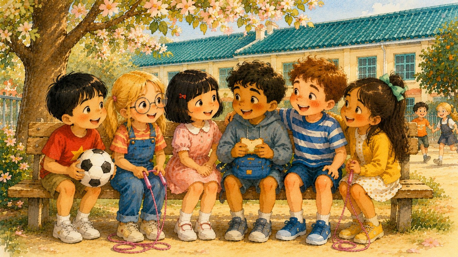 El banco del patio lleno de niños y niñas riendo juntos, con Samuel entre ellos, ya integrado en el grupo.