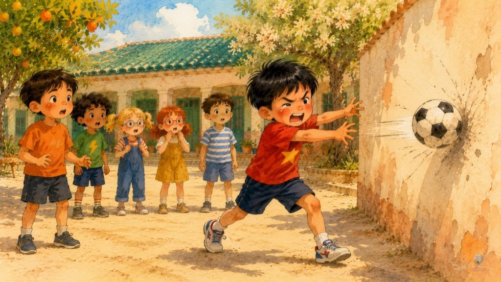 Wei, gritando y con lágrimas de rabia, lanza la pelota contra la pared del patio mientras sus compañeros lo miran asustados.