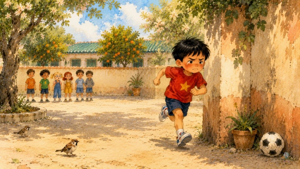 Wei, con la cara roja y los ojos llorosos, se aleja corriendo hacia un rincón del patio mientras sus compañeros lo observan en silencio.