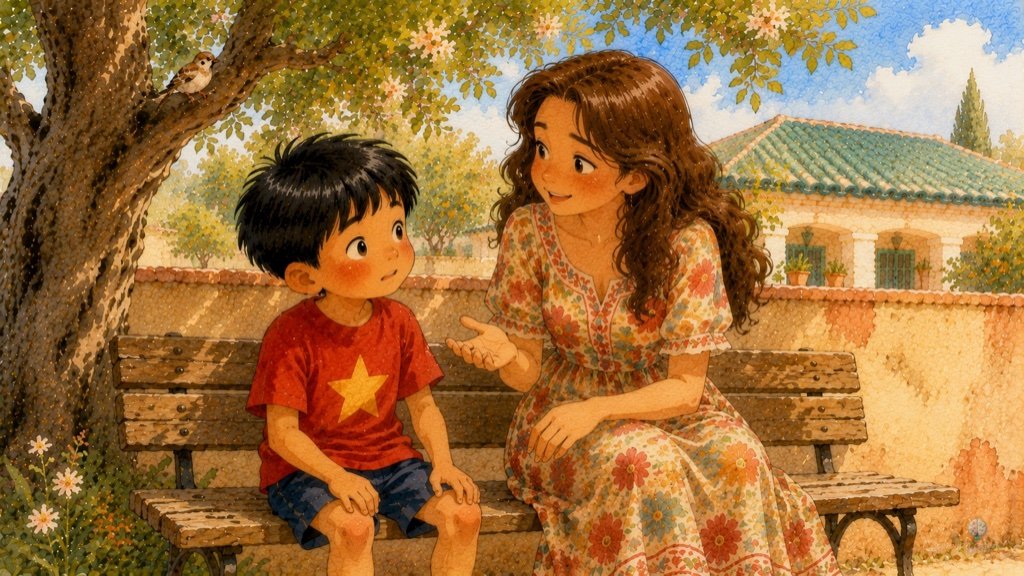 La Señorita Luna habla con dulzura a Wei, ya más tranquilo, sentados juntos en el banco bajo el almendro.