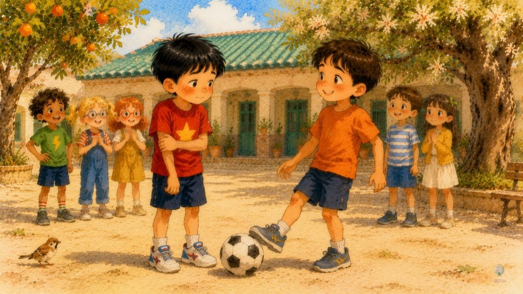 Pablo, sonriente, le pasa la pelota con el pie a Wei, que lo escucha algo avergonzado mientras los demás niños miran contentos.