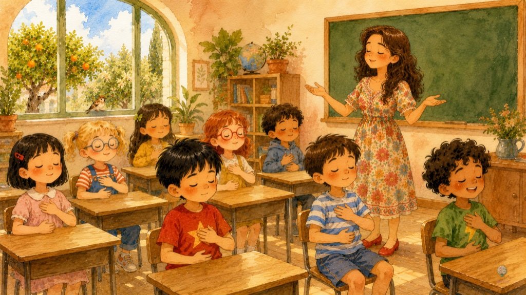 En el aula, los niños respiran con los ojos cerrados y las manos en el pecho mientras la Señorita Luna los guía junto a la pizarra.