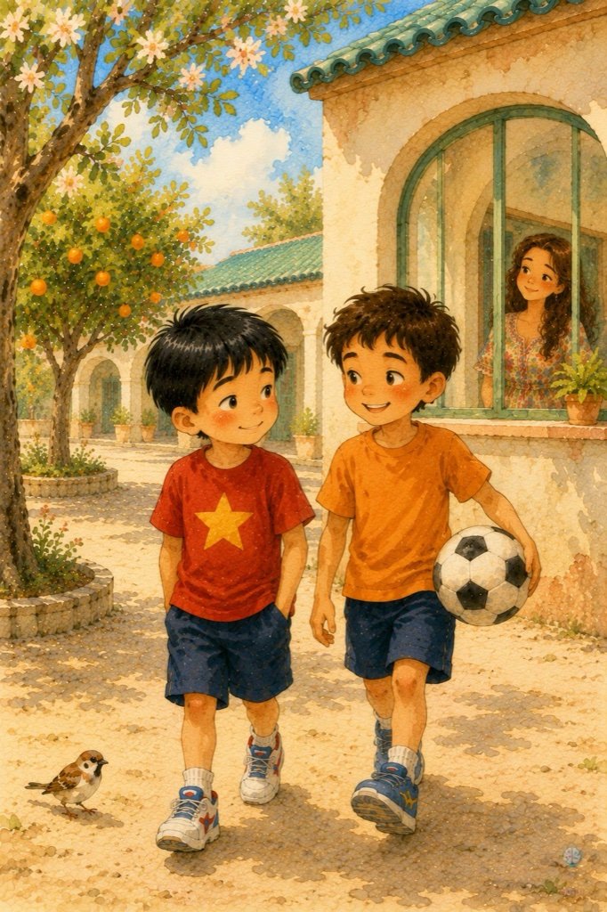 Wei y Pablo se marchan juntos y sonrientes con la pelota, mientras la Señorita Luna los mira desde la ventana.